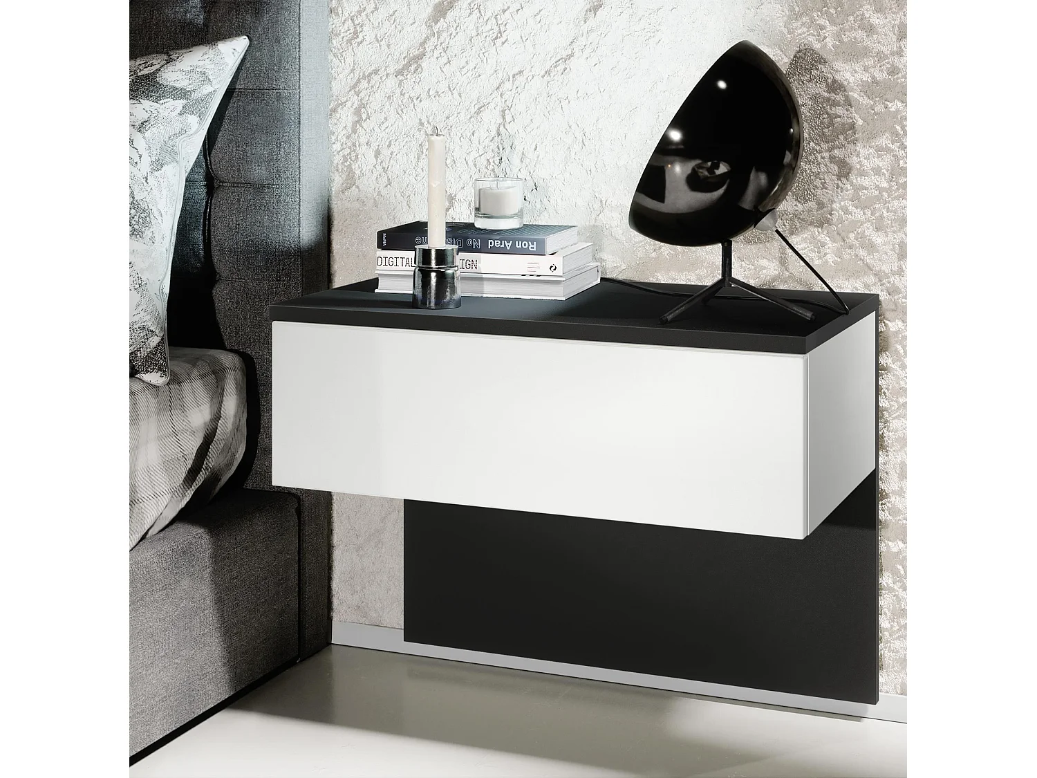 Table de chevet Sleep, Table de nuit à fixation murale avec tiroir, Noir mat/Blanc mat (60 x 46 x 35 cm)