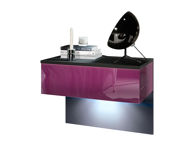 Vladon Mesita de noche Sleep, Cómoda de noche con Cajón para Montaje en Pared, Negro mate/Zarzamora de alto brillo incl. iluminación LED (60 x 46 x 35 cm)