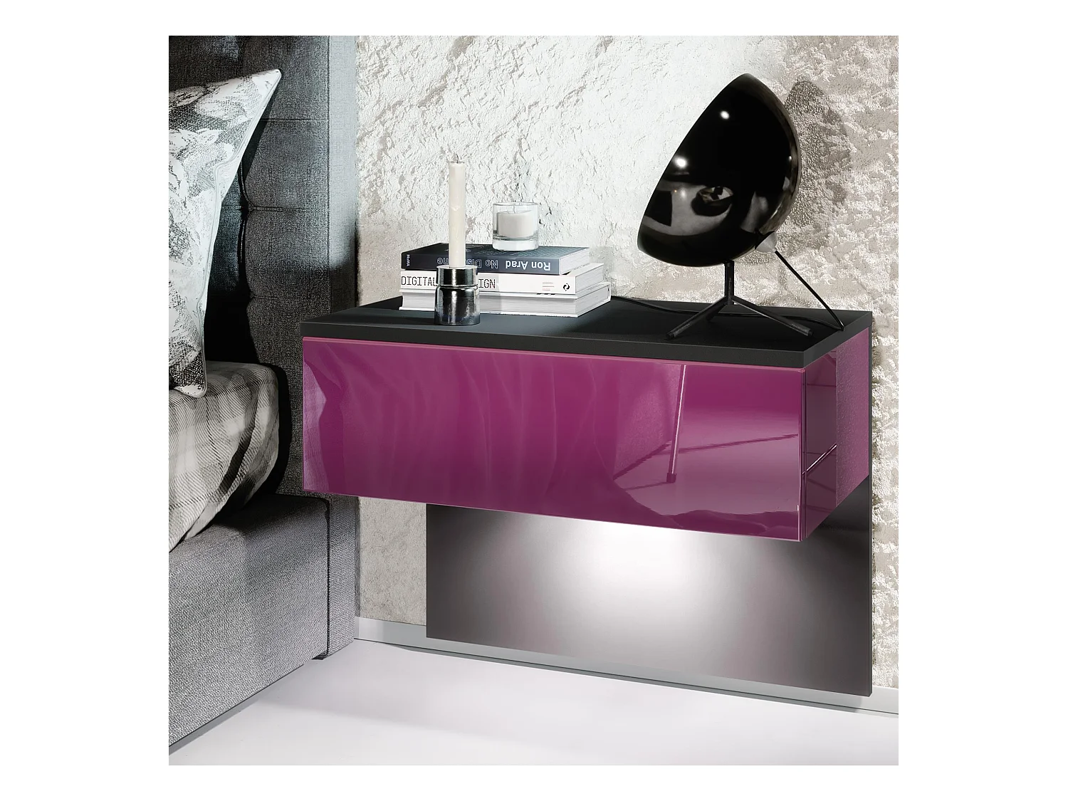 Table de chevet Sleep, Table de nuit à fixation murale avec tiroir, Noir mat/Mûre haute brillance, éclairage LED inclus (60 x 46 x 35 cm)