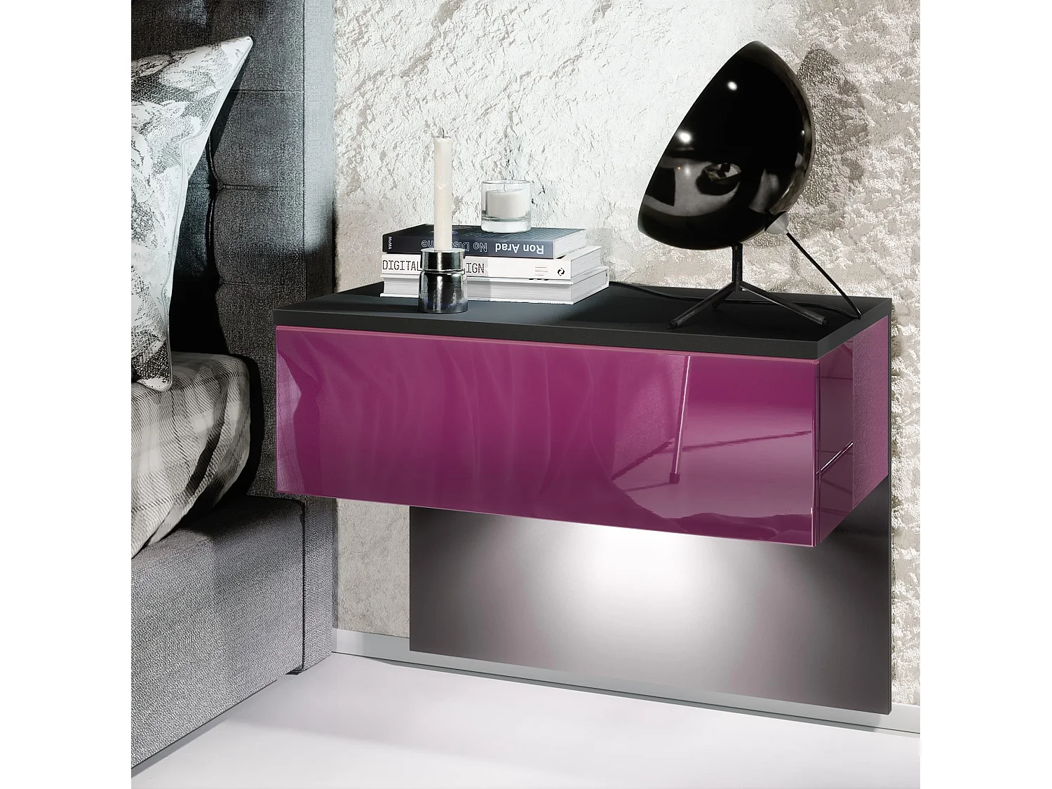 Table de chevet Sleep, Table de nuit à fixation murale avec tiroir, Noir mat/Mûre haute brillance, éclairage LED inclus (60 x 46 x 35 cm)