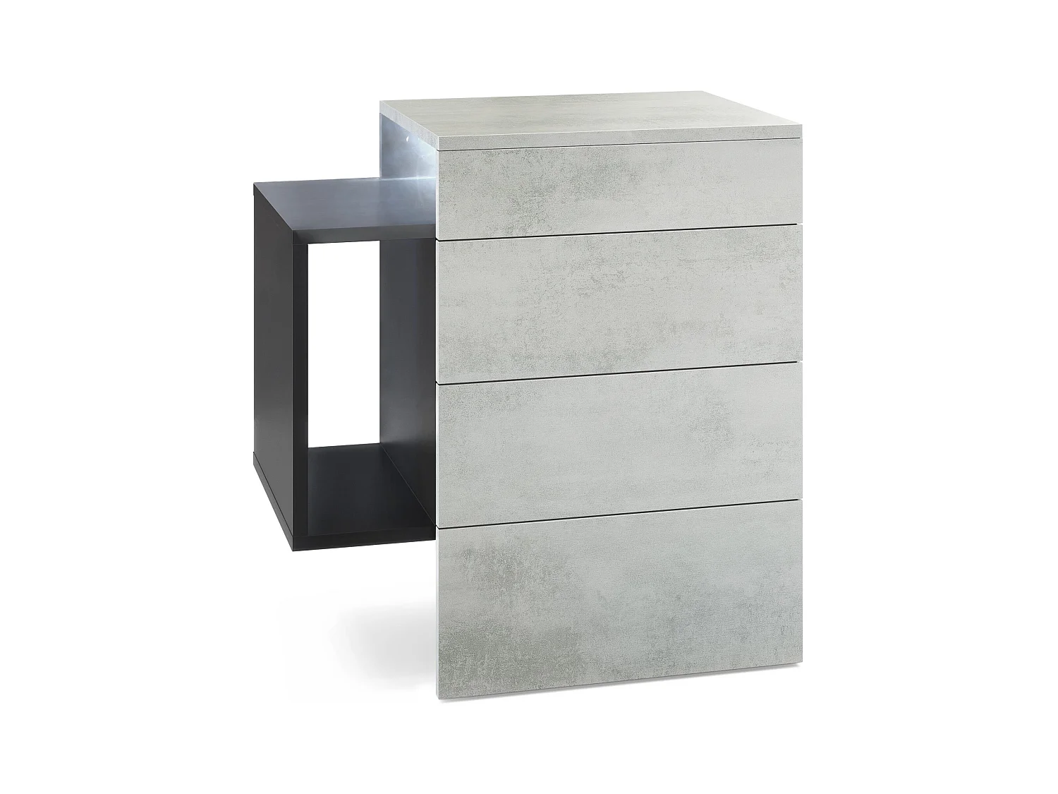 Table de chevet Queens, Table de nuit avec 2 tiroirs et 1 compartiment latéral à fixer au mur, Noir mat/Aspect Béton Oxyde, incl. LED blanc (60x63x36 cm)