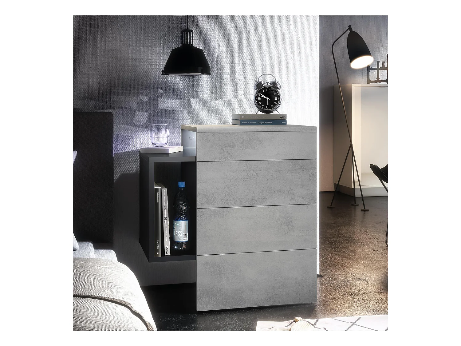 Table de chevet Queens, Table de nuit avec 2 tiroirs et 1 compartiment latéral à fixer au mur, Noir mat/Aspect Béton Oxyde, incl. LED blanc (60x63x36 cm)