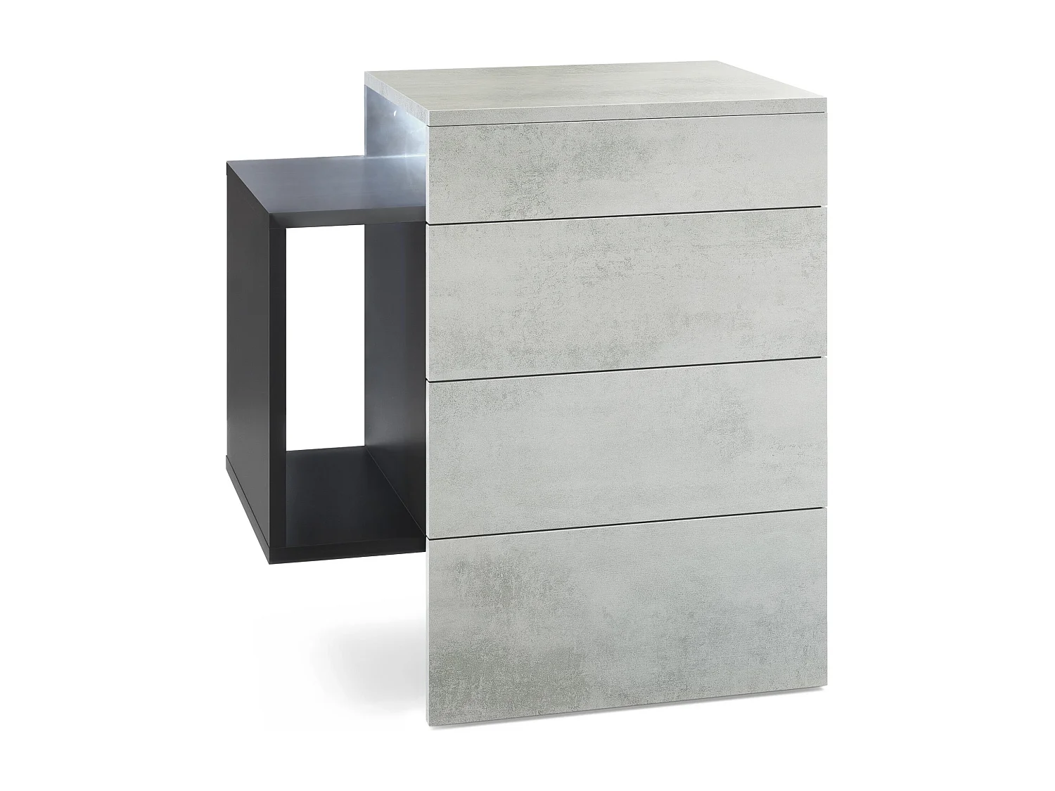 Table de chevet Queens, Table de nuit avec 2 tiroirs et 1 compartiment latéral à fixer au mur, Noir mat/Aspect Béton Oxyde, incl. LED blanc (60x63x36 cm)