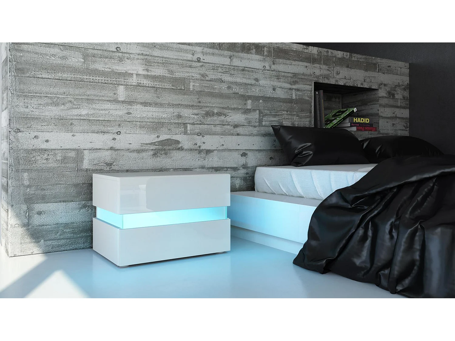 Table de chevet Flow, Table de nuit avec tiroir pour fixation murale, Blanc mat/Blanc haute brillance (60 x 45 x 39 cm)