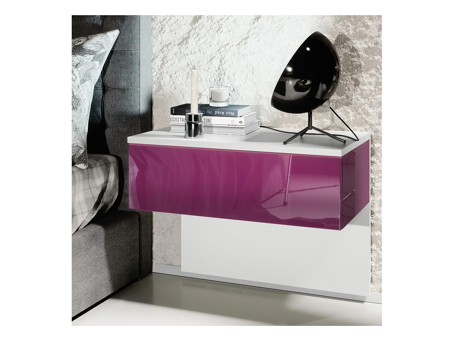 Table de chevet Sleep, Table de nuit à fixation murale avec tiroir, Blanc mat/Mûre haute brillance (60 x 46 x 35 cm)