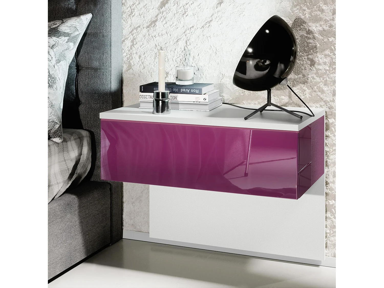 Table de chevet Sleep, Table de nuit à fixation murale avec tiroir, Blanc mat/Mûre haute brillance (60 x 46 x 35 cm)
