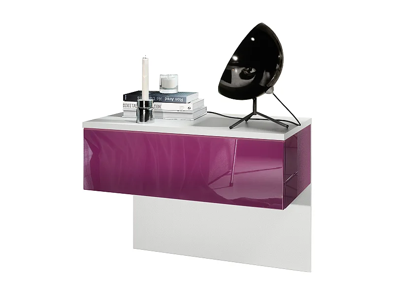 Table de chevet Sleep, Table de nuit à fixation murale avec tiroir, Blanc mat/Mûre haute brillance (60 x 46 x 35 cm)