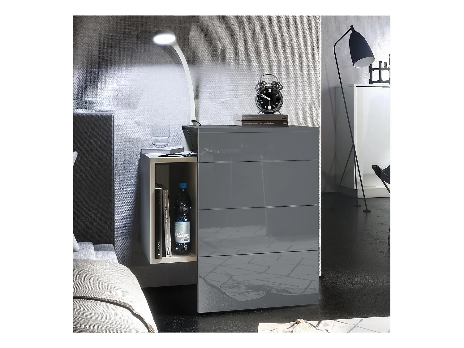 Table de chevet Queens, Table de nuit avec 2 tiroirs et 1 compartiment latéral à fixer au mur, Blanc mat/Gris brillant, incl. lampe LED (60x63x36 cm)