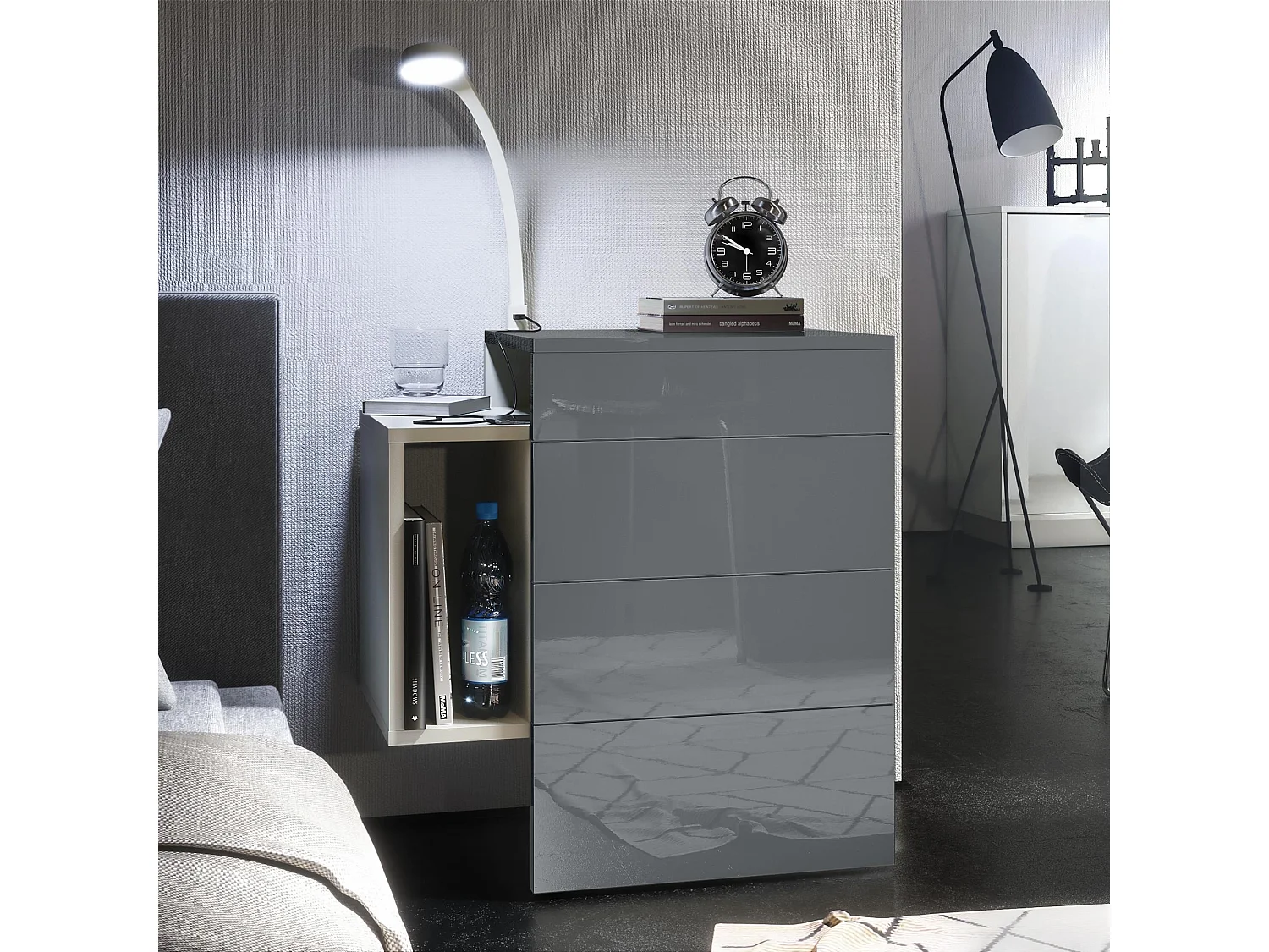 Table de chevet Queens, Table de nuit avec 2 tiroirs et 1 compartiment latéral à fixer au mur, Blanc mat/Gris brillant, incl. lampe LED (60x63x36 cm)