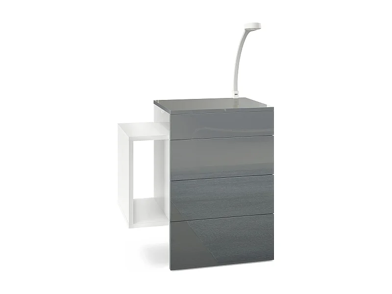 Table de chevet Queens, Table de nuit avec 2 tiroirs et 1 compartiment latéral à fixer au mur, Blanc mat/Gris brillant, incl. lampe LED (60x63x36 cm)