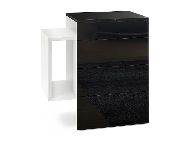 Table de chevet Queens, Table de nuit avec 2 tiroirs et 1 compartiment latéral à fixer au mur, Blanc mat/Noir haute brillance (60 x 63 x 36 cm)