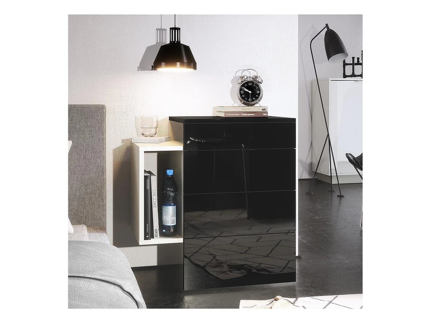 Table de chevet Queens, Table de nuit avec 2 tiroirs et 1 compartiment latéral à fixer au mur, Blanc mat/Noir haute brillance (60 x 63 x 36 cm)