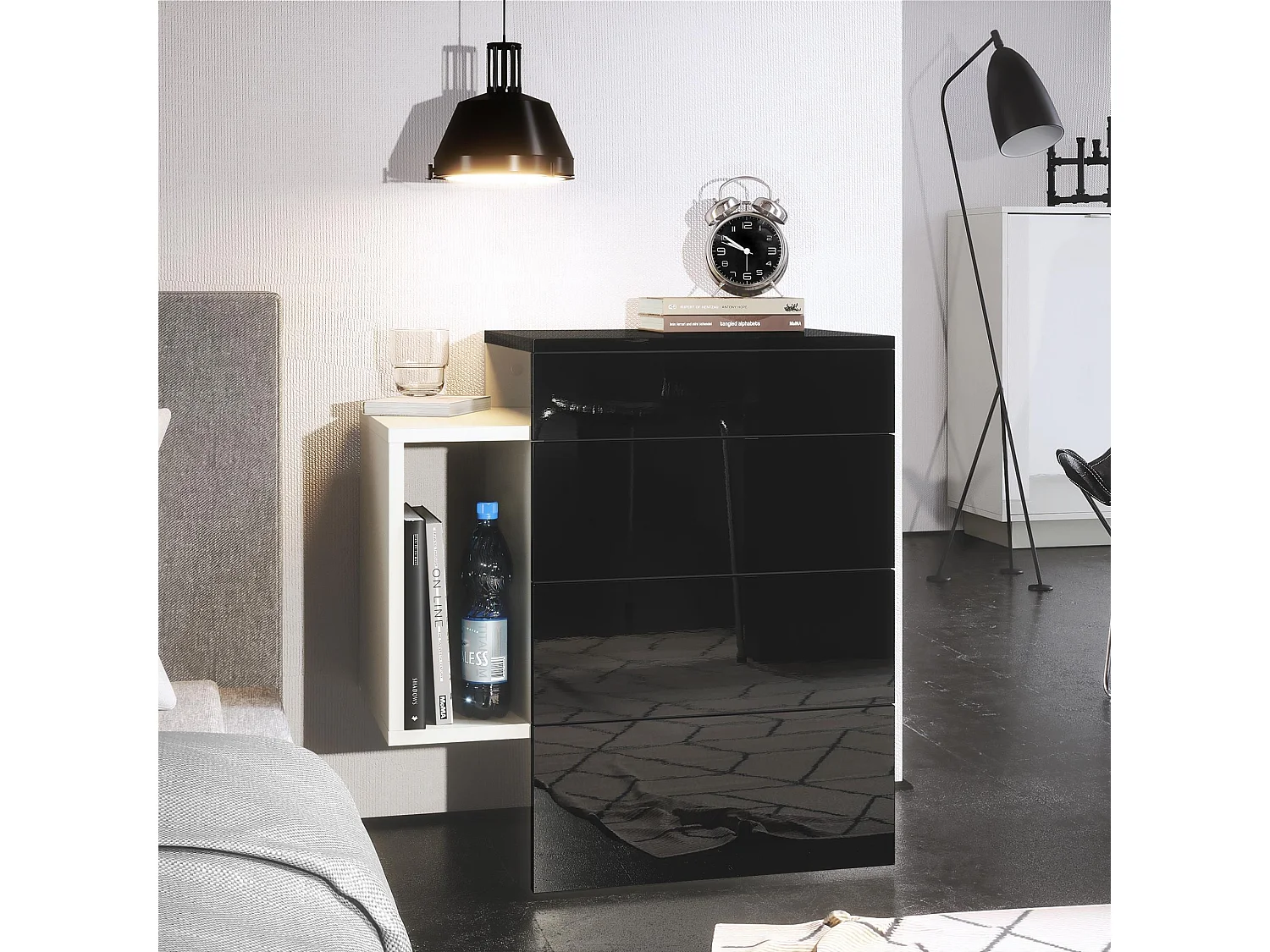 Table de chevet Queens, Table de nuit avec 2 tiroirs et 1 compartiment latéral à fixer au mur, Blanc mat/Noir haute brillance (60 x 63 x 36 cm)