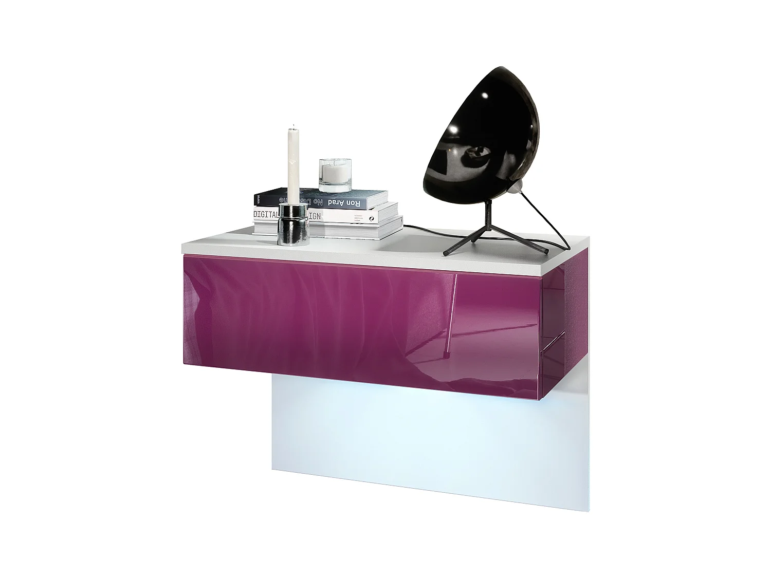 Table de chevet Sleep, Table de nuit à fixation murale avec tiroir, Blanc mat/Mûre haute brillance, éclairage LED inclus (60 x 46 x 35 cm)