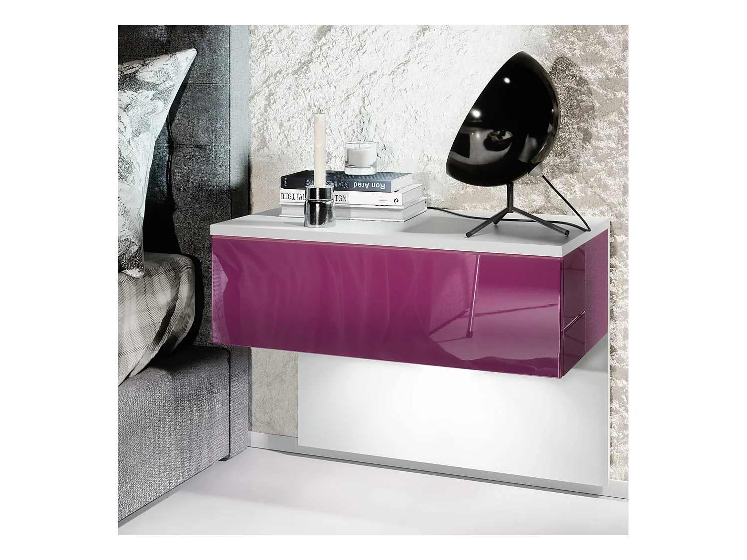 Table de chevet Sleep, Table de nuit à fixation murale avec tiroir, Blanc mat/Mûre haute brillance, éclairage LED inclus (60 x 46 x 35 cm)