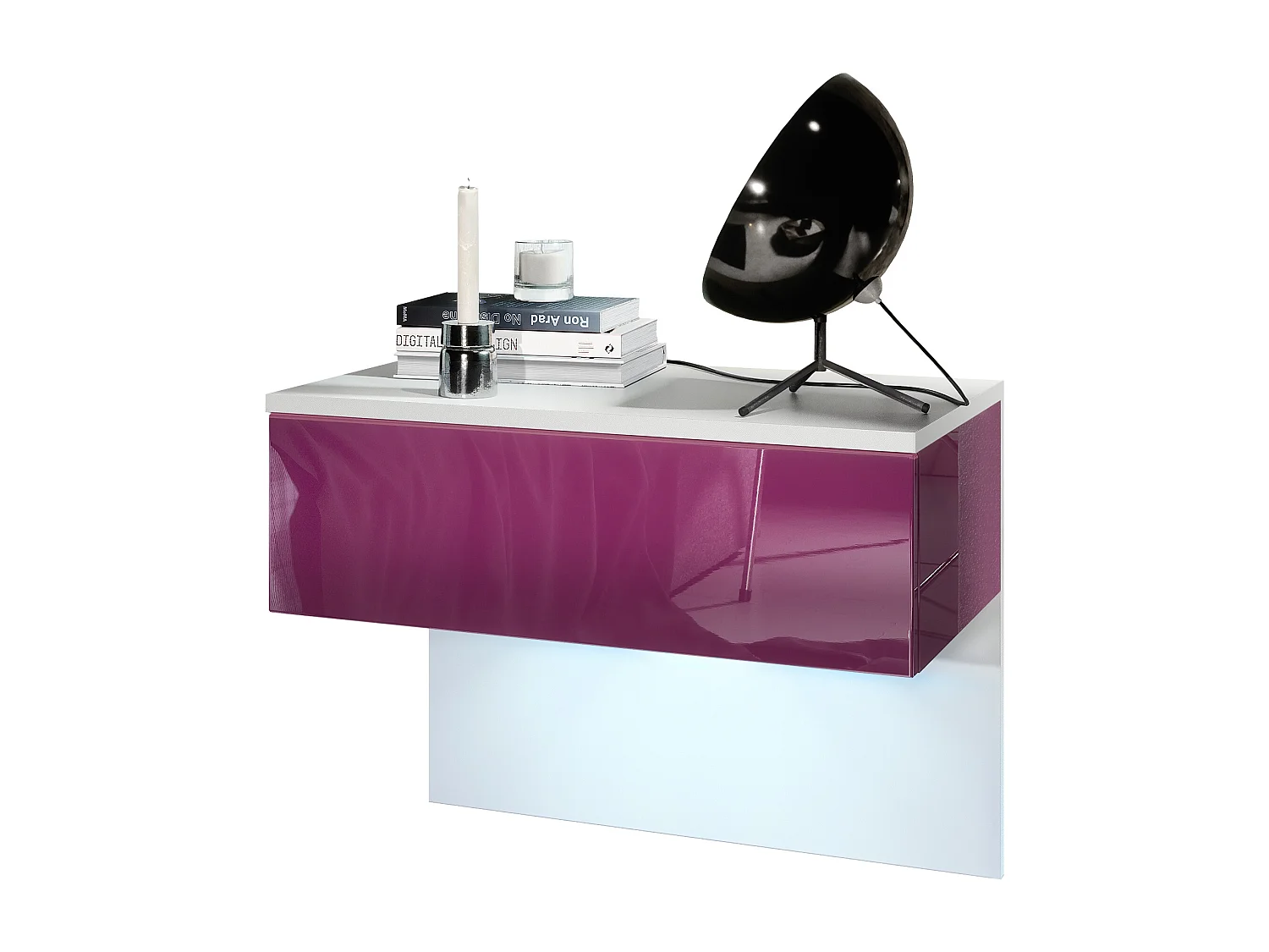 Table de chevet Sleep, Table de nuit à fixation murale avec tiroir, Blanc mat/Mûre haute brillance, éclairage LED inclus (60 x 46 x 35 cm)