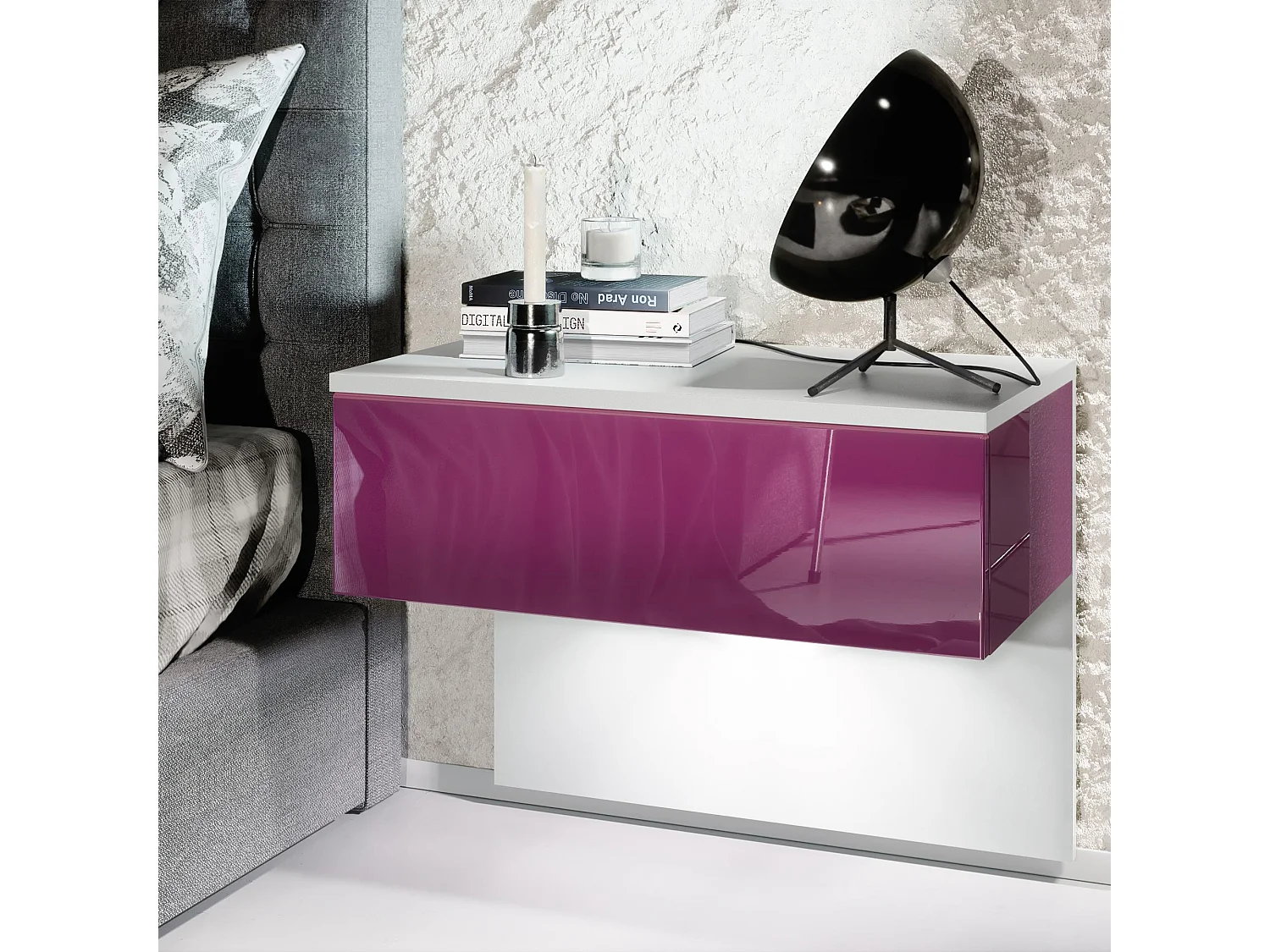 Table de chevet Sleep, Table de nuit à fixation murale avec tiroir, Blanc mat/Mûre haute brillance, éclairage LED inclus (60 x 46 x 35 cm)