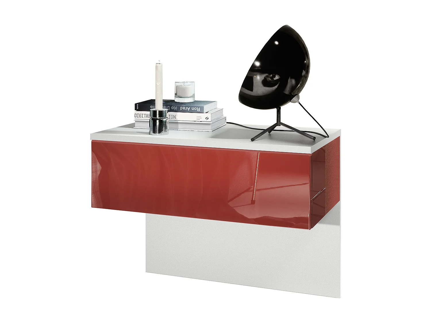 Table de chevet Sleep, Table de nuit à fixation murale avec tiroir, Blanc mat/Bordeaux haute brillance (60 x 46 x 35 cm)