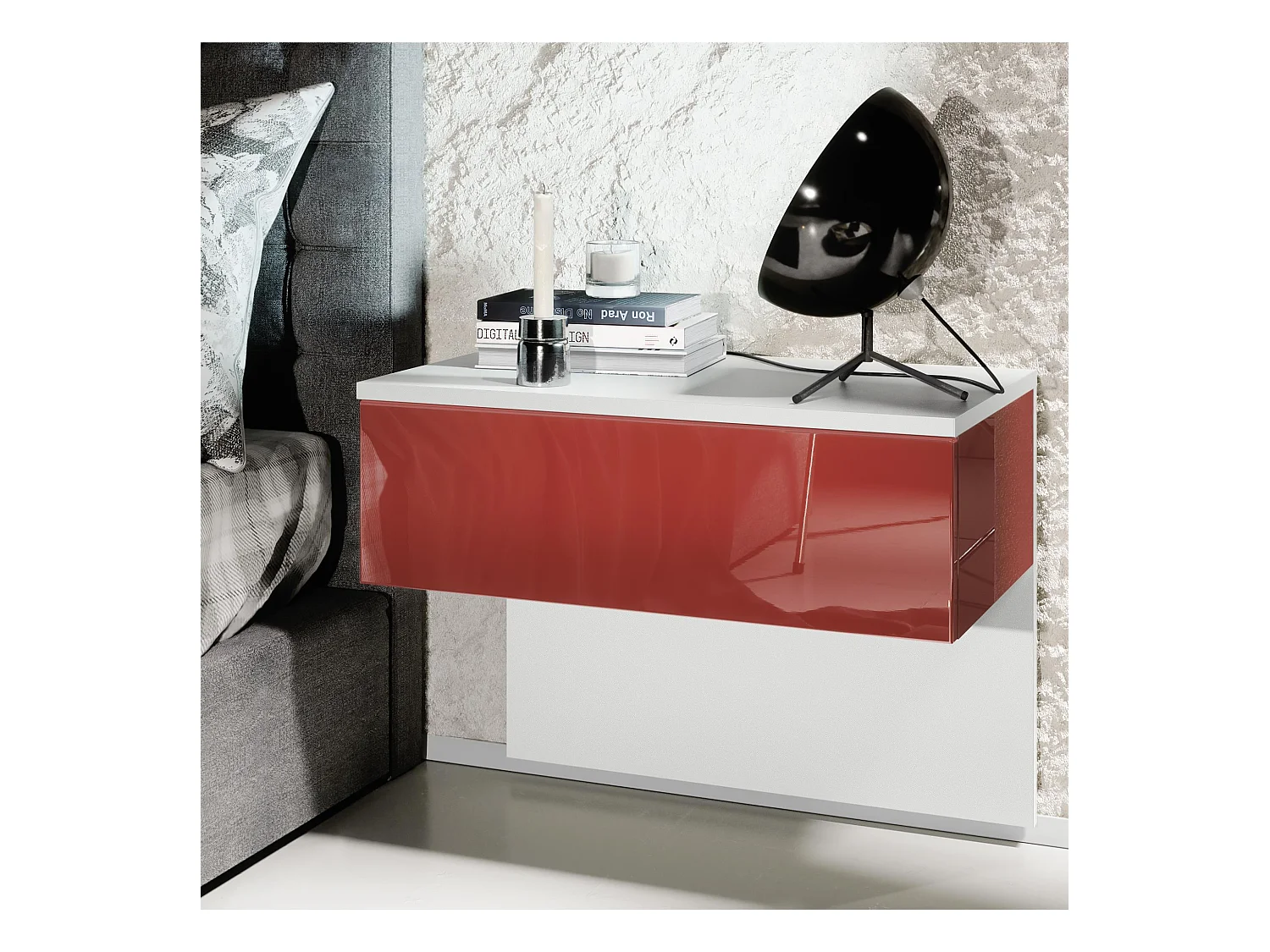 Table de chevet Sleep, Table de nuit à fixation murale avec tiroir, Blanc mat/Bordeaux haute brillance (60 x 46 x 35 cm)