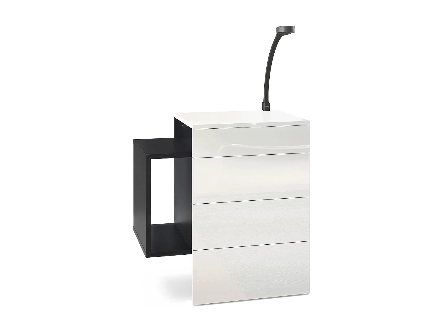 Table de chevet Queens, Table de nuit avec 2 tiroirs et 1 compartiment latéral à fixer au mur, Noir mat/Blanc brillant, incl. lampe LED Flexi (60x63x36 cm)