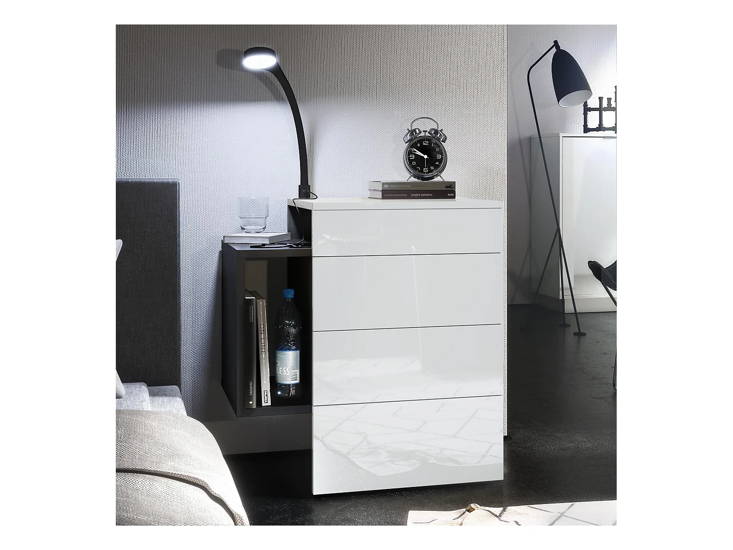 Table de chevet Queens, Table de nuit avec 2 tiroirs et 1 compartiment latéral à fixer au mur, Noir mat/Blanc brillant, incl. lampe LED Flexi (60x63x36 cm)