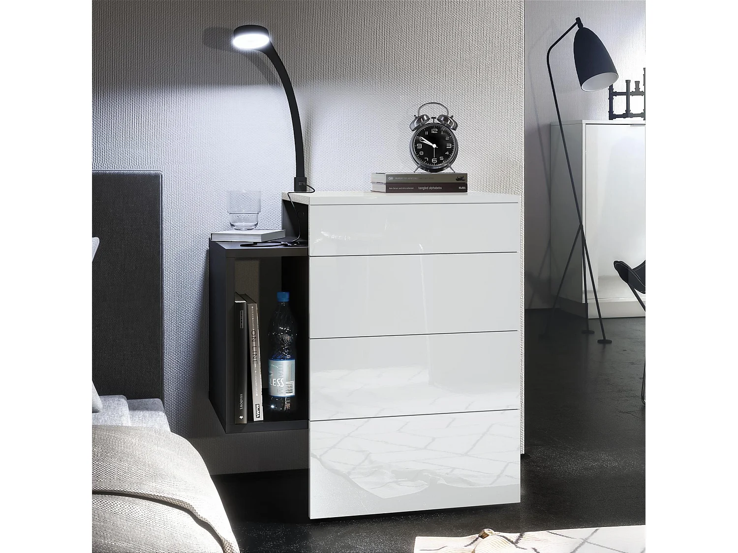 Table de chevet Queens, Table de nuit avec 2 tiroirs et 1 compartiment latéral à fixer au mur, Noir mat/Blanc brillant, incl. lampe LED Flexi (60x63x36 cm)