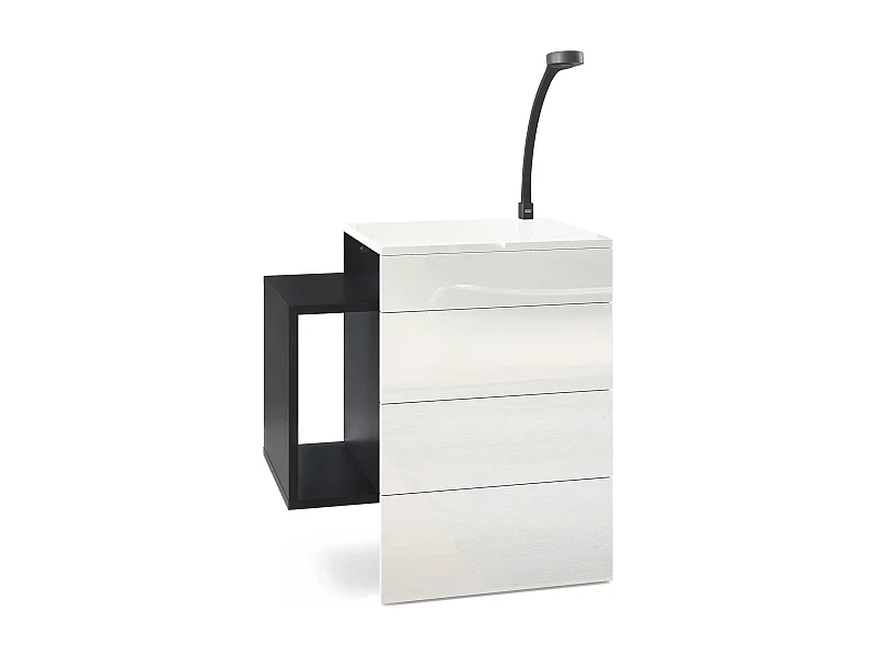 Table de chevet Queens, Table de nuit avec 2 tiroirs et 1 compartiment latéral à fixer au mur, Noir mat/Blanc brillant, incl. lampe LED Flexi (60x63x36 cm)