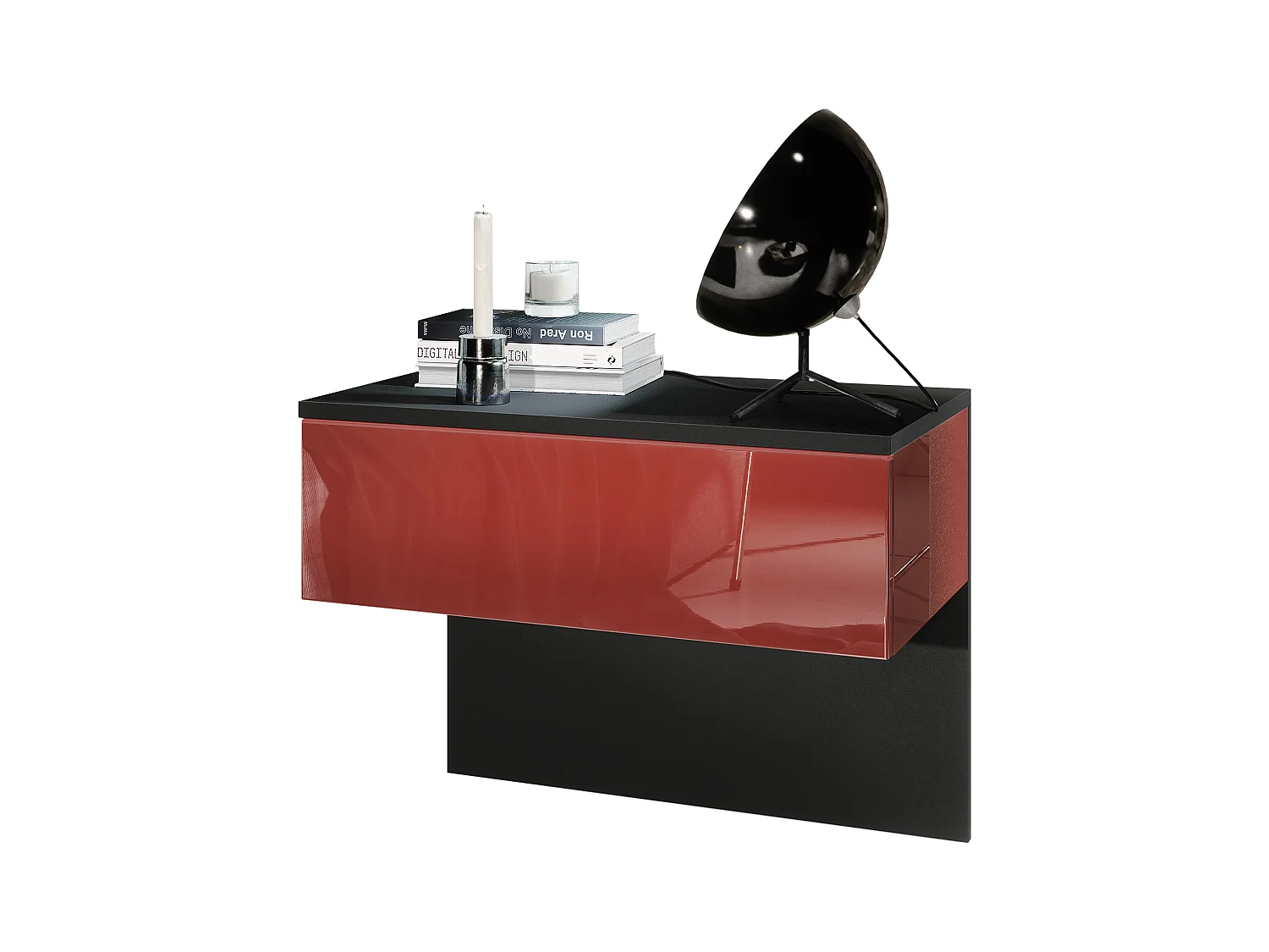 Table de chevet Sleep, Table de nuit à fixation murale avec tiroir, Noir mat/Bordeaux haute brillance (60 x 46 x 35 cm)