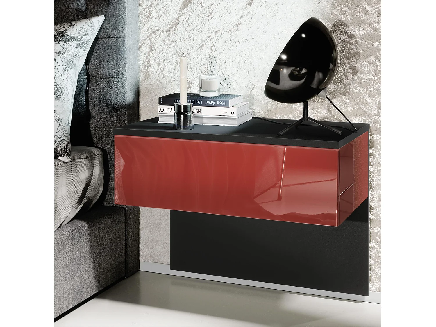 Table de chevet Sleep, Table de nuit à fixation murale avec tiroir, Noir mat/Bordeaux haute brillance (60 x 46 x 35 cm)