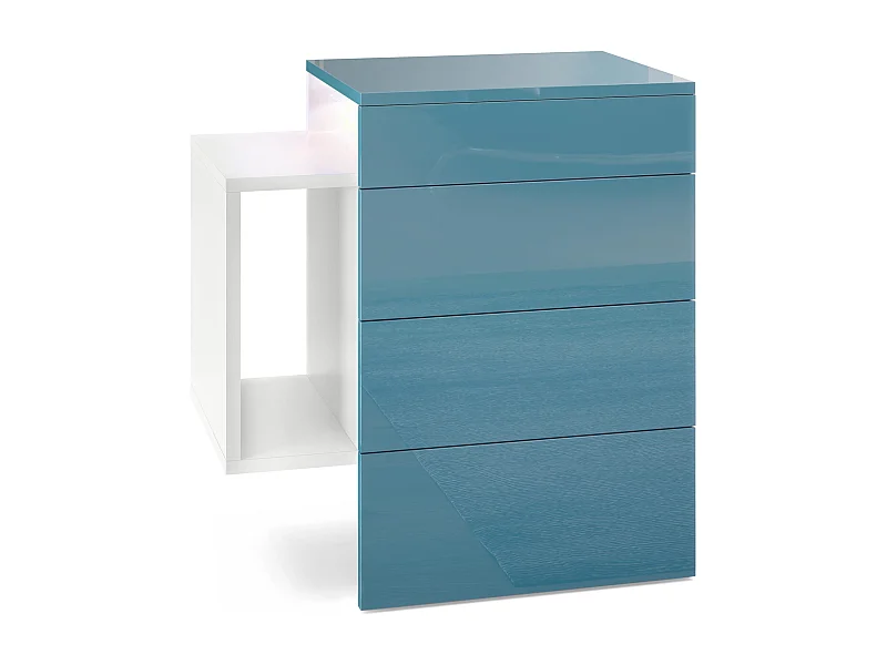 Table de chevet Queens, Table de nuit avec 2 tiroirs et 1 compartiment latéral à fixer au mur, Blanc mat/Turquoise brillant, incl. LED blanc (60x63x36 cm)