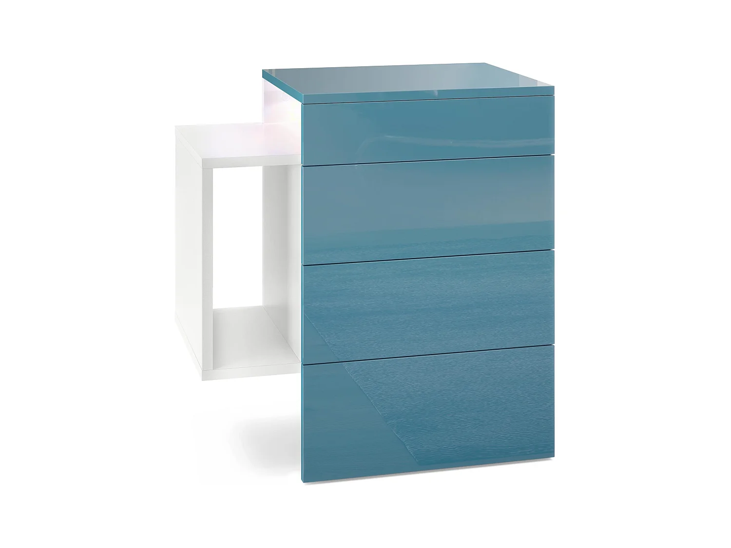 Table de chevet Queens, Table de nuit avec 2 tiroirs et 1 compartiment latéral à fixer au mur, Blanc mat/Turquoise brillant, incl. LED blanc (60x63x36 cm)