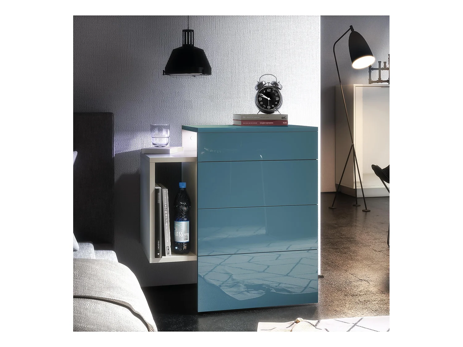 Table de chevet Queens, Table de nuit avec 2 tiroirs et 1 compartiment latéral à fixer au mur, Blanc mat/Turquoise brillant, incl. LED blanc (60x63x36 cm)