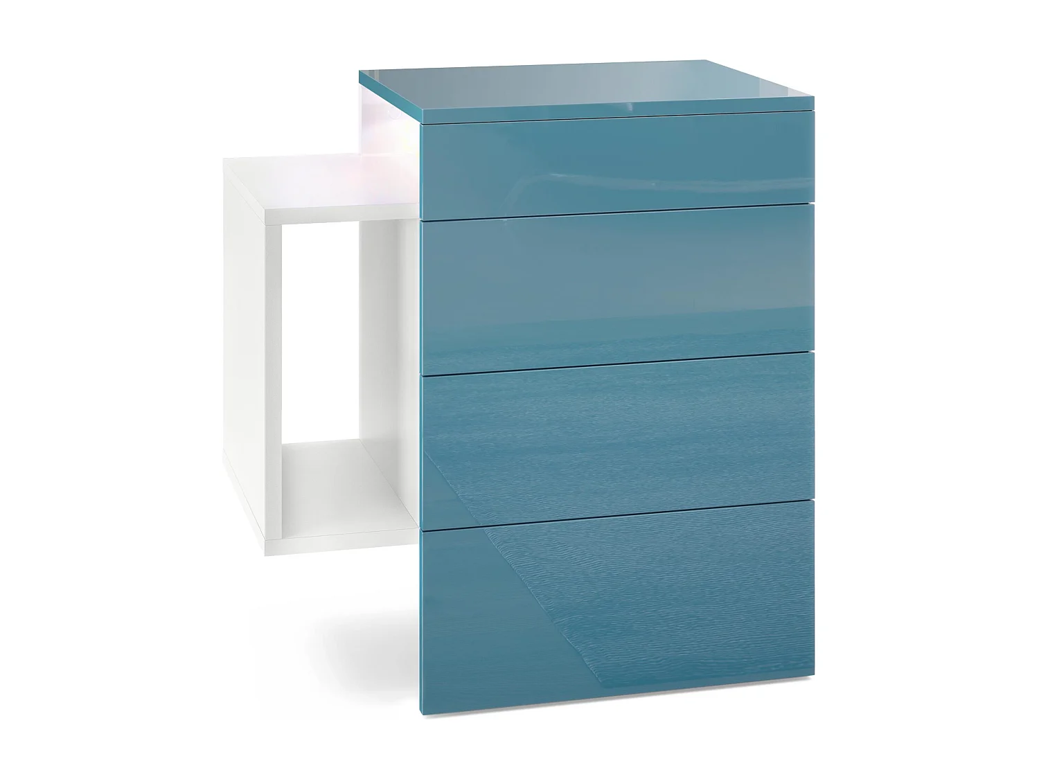 Table de chevet Queens, Table de nuit avec 2 tiroirs et 1 compartiment latéral à fixer au mur, Blanc mat/Turquoise brillant, incl. LED blanc (60x63x36 cm)