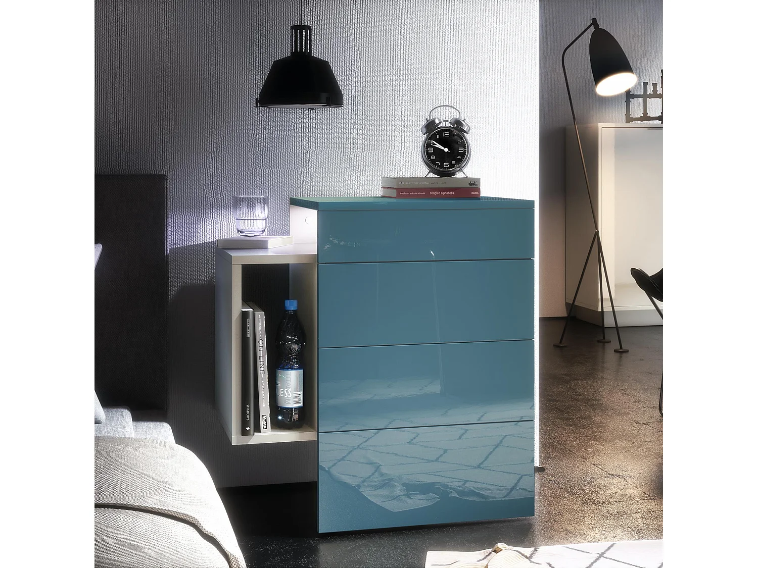 Table de chevet Queens, Table de nuit avec 2 tiroirs et 1 compartiment latéral à fixer au mur, Blanc mat/Turquoise brillant, incl. LED blanc (60x63x36 cm)