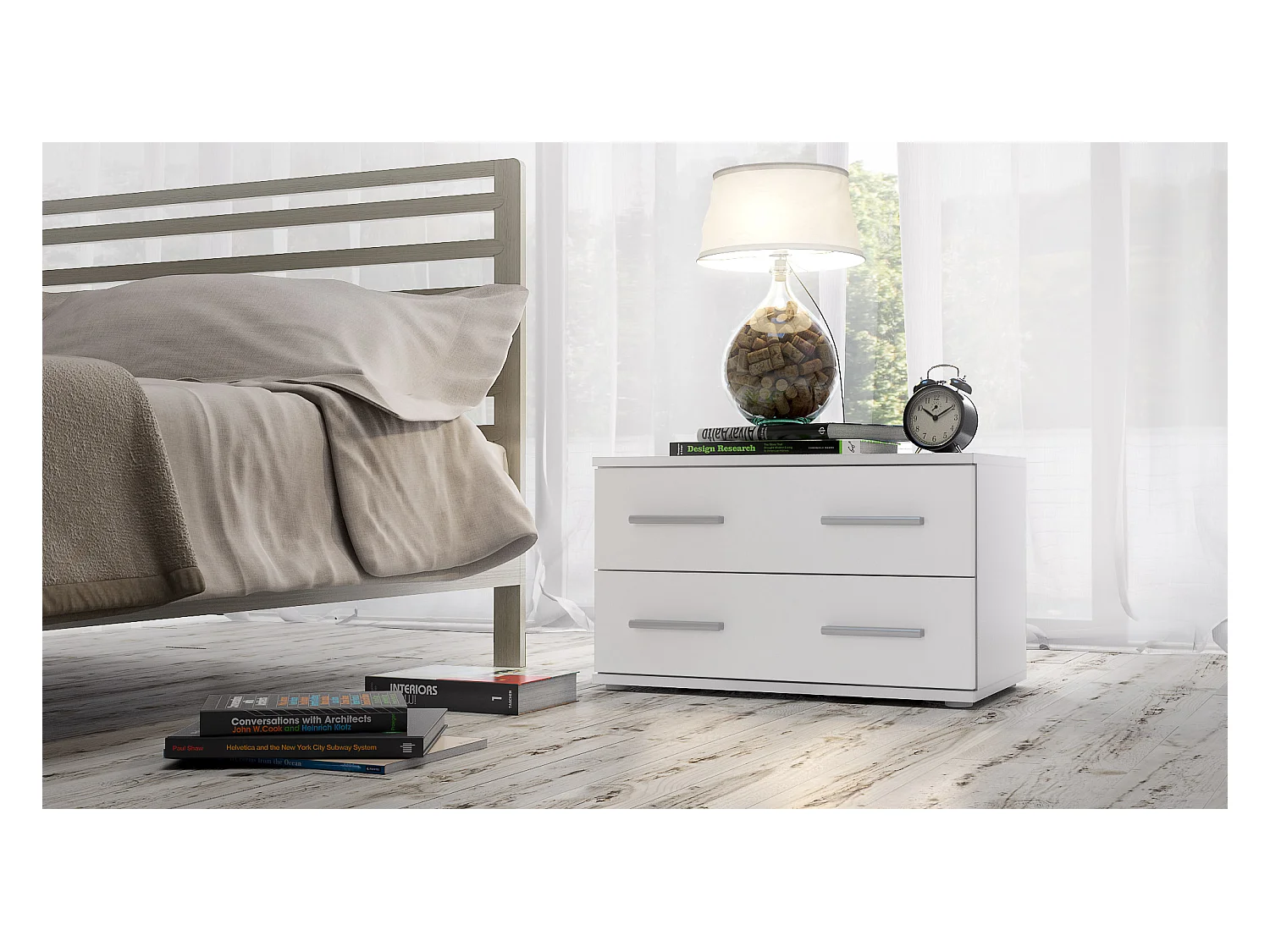 Table de chevet de nuit Kioto, Corps en Blanc mat / Façades en Blanc mat