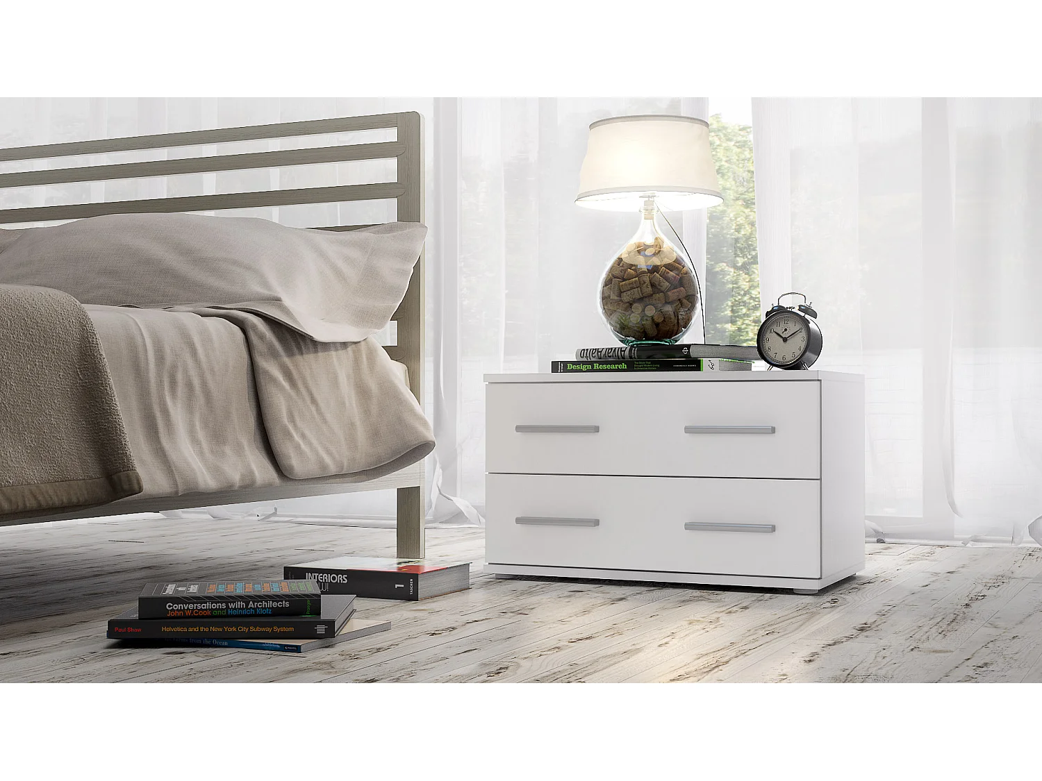 Table de chevet de nuit Kioto, Corps en Blanc mat / Façades en Blanc mat