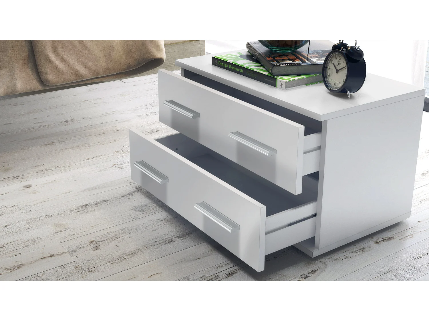 Table de chevet de nuit Kioto, Corps en Blanc mat / Façades en Blanc mat