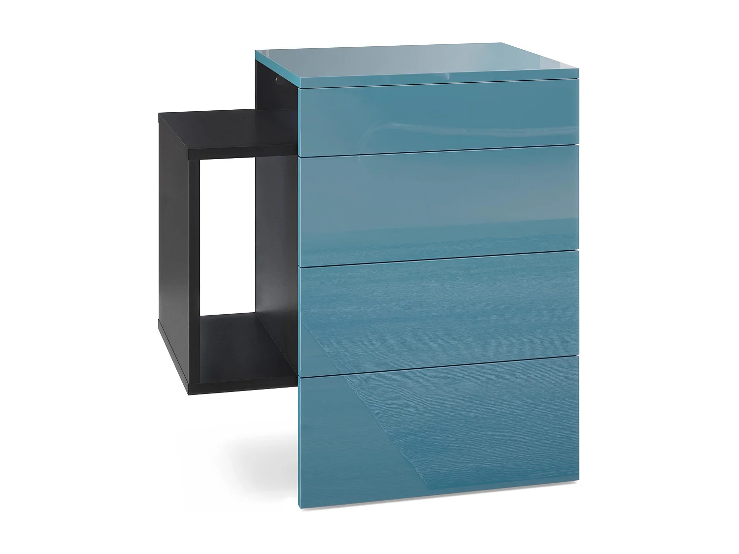 Table de chevet Queens, Table de nuit avec 2 tiroirs et 1 compartiment latéral à fixer au mur, Noir mat/Turquoise haute brillance (60 x 63 x 36 cm)