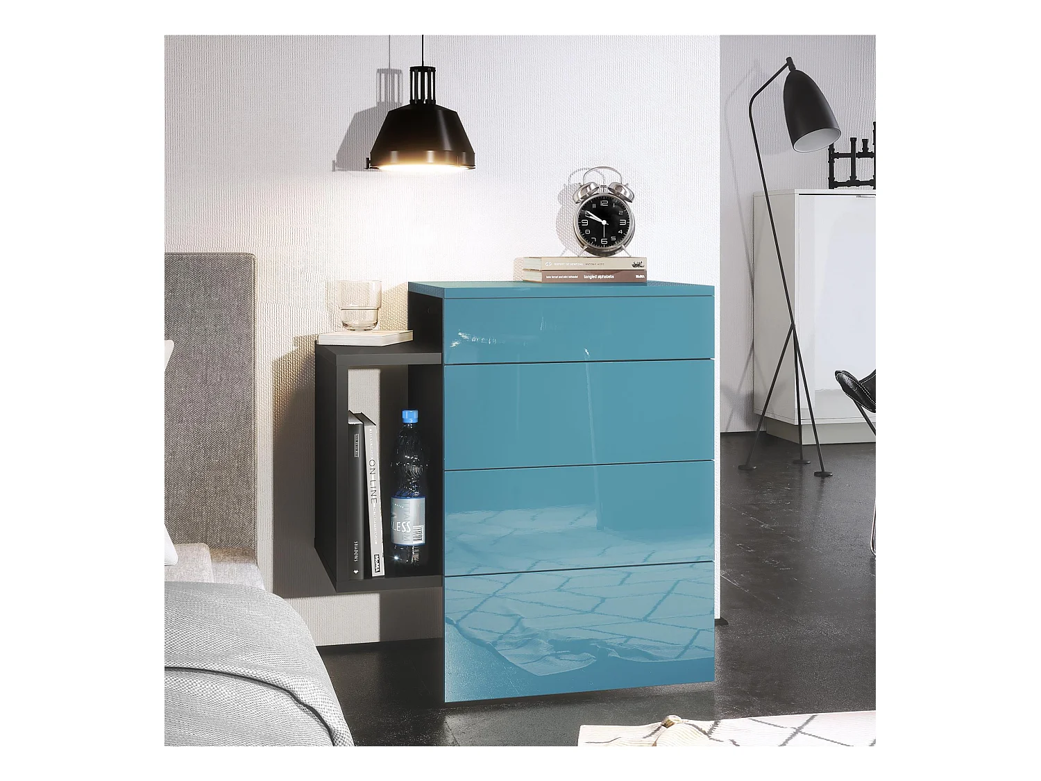 Table de chevet Queens, Table de nuit avec 2 tiroirs et 1 compartiment latéral à fixer au mur, Noir mat/Turquoise haute brillance (60 x 63 x 36 cm)
