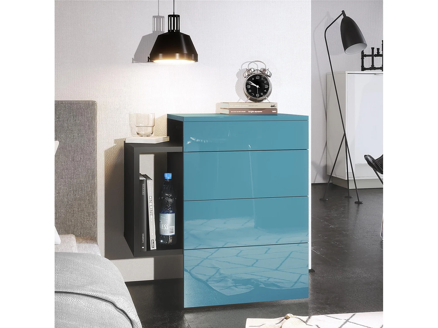 Table de chevet Queens, Table de nuit avec 2 tiroirs et 1 compartiment latéral à fixer au mur, Noir mat/Turquoise haute brillance (60 x 63 x 36 cm)