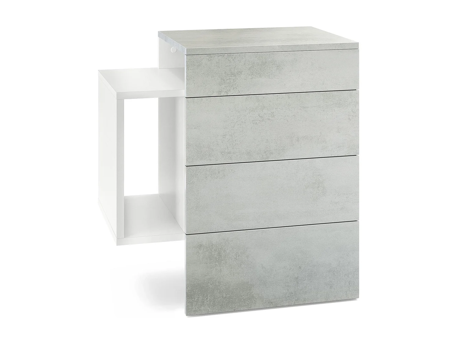 Table de chevet Queens, Table de nuit avec 2 tiroirs et 1 compartiment latéral à fixer au mur, Blanc mat/Aspect Béton Oxyde (60 x 63 x 36 cm)