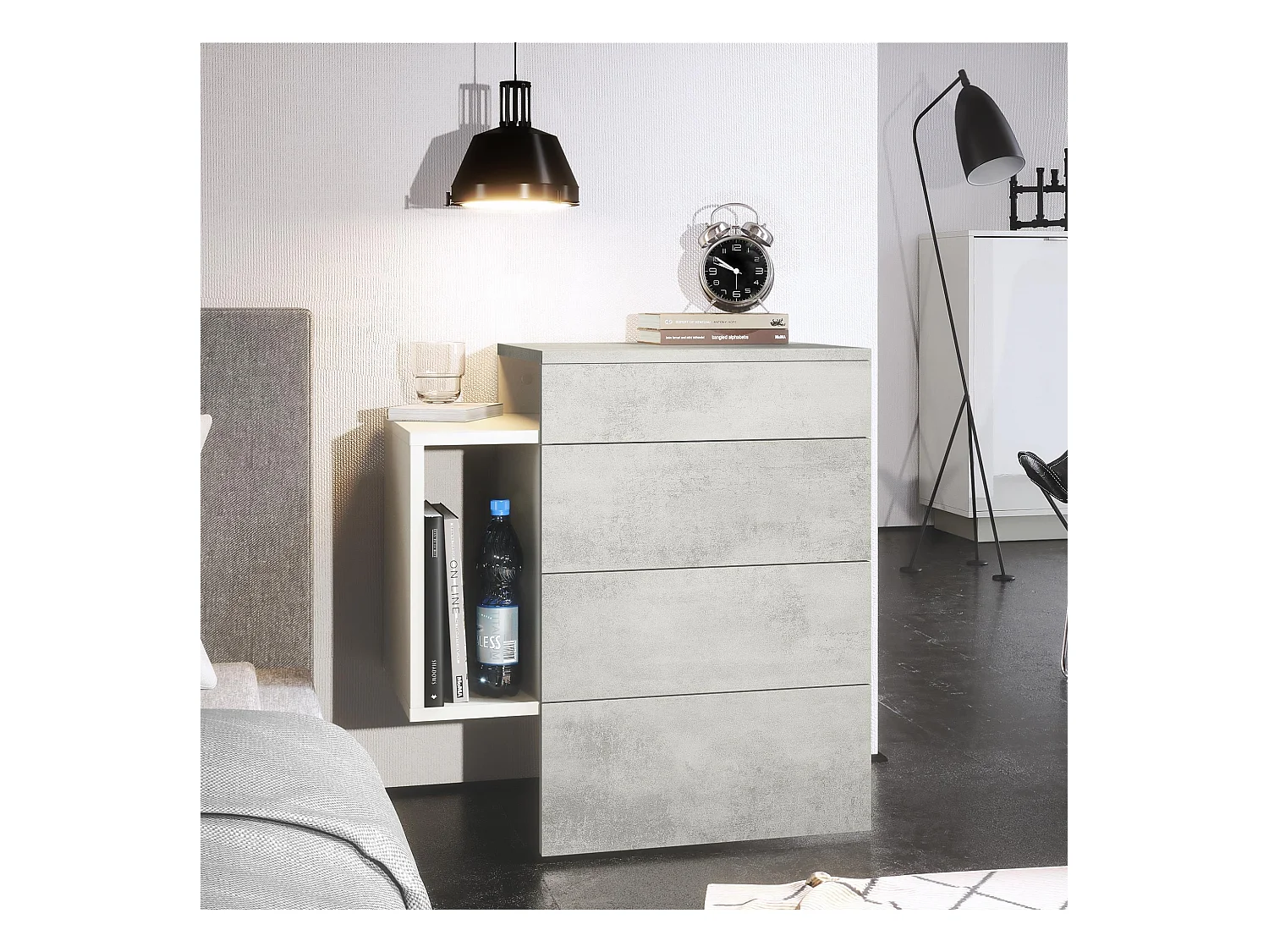 Table de chevet Queens, Table de nuit avec 2 tiroirs et 1 compartiment latéral à fixer au mur, Blanc mat/Aspect Béton Oxyde (60 x 63 x 36 cm)