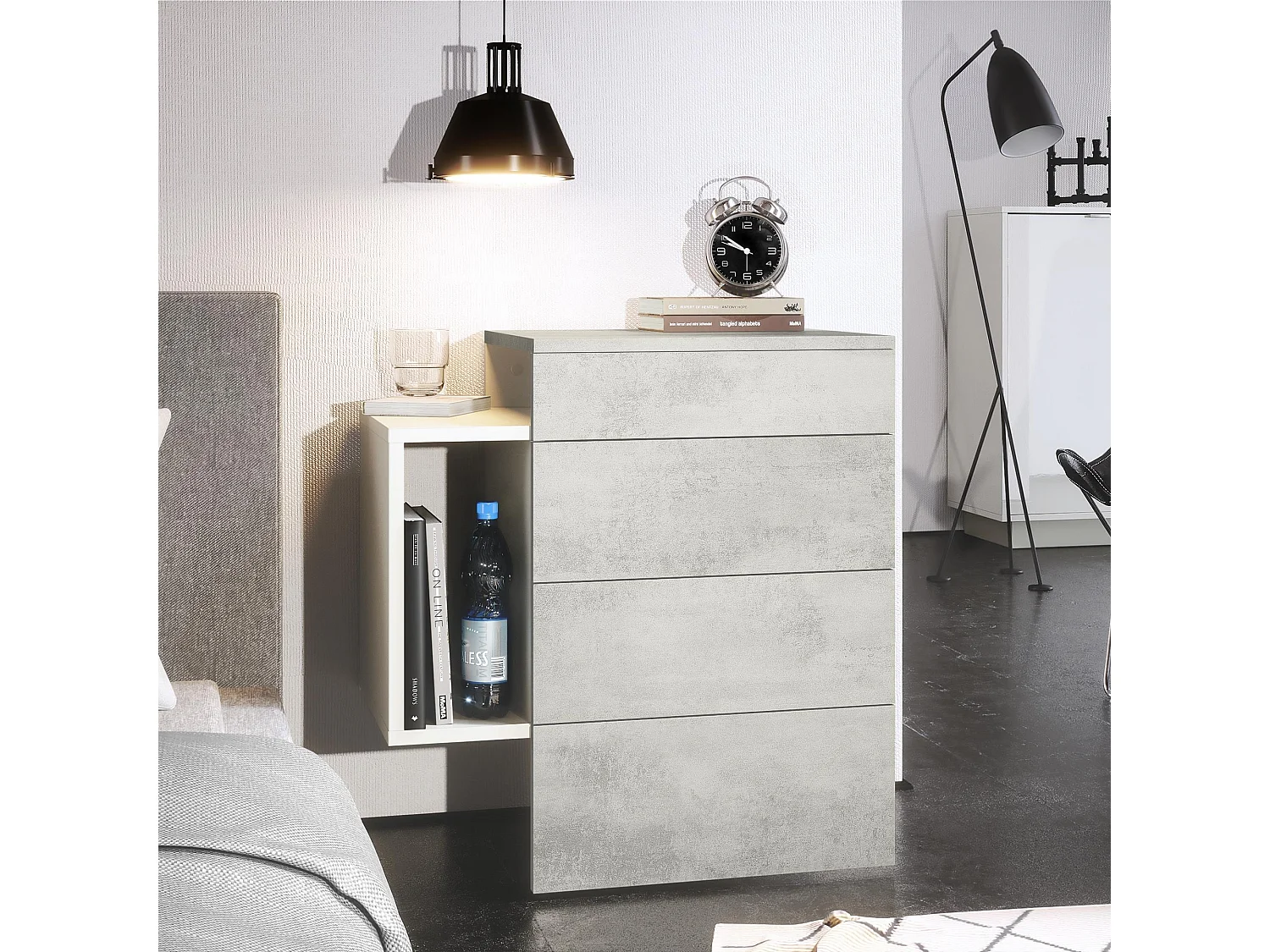 Table de chevet Queens, Table de nuit avec 2 tiroirs et 1 compartiment latéral à fixer au mur, Blanc mat/Aspect Béton Oxyde (60 x 63 x 36 cm)