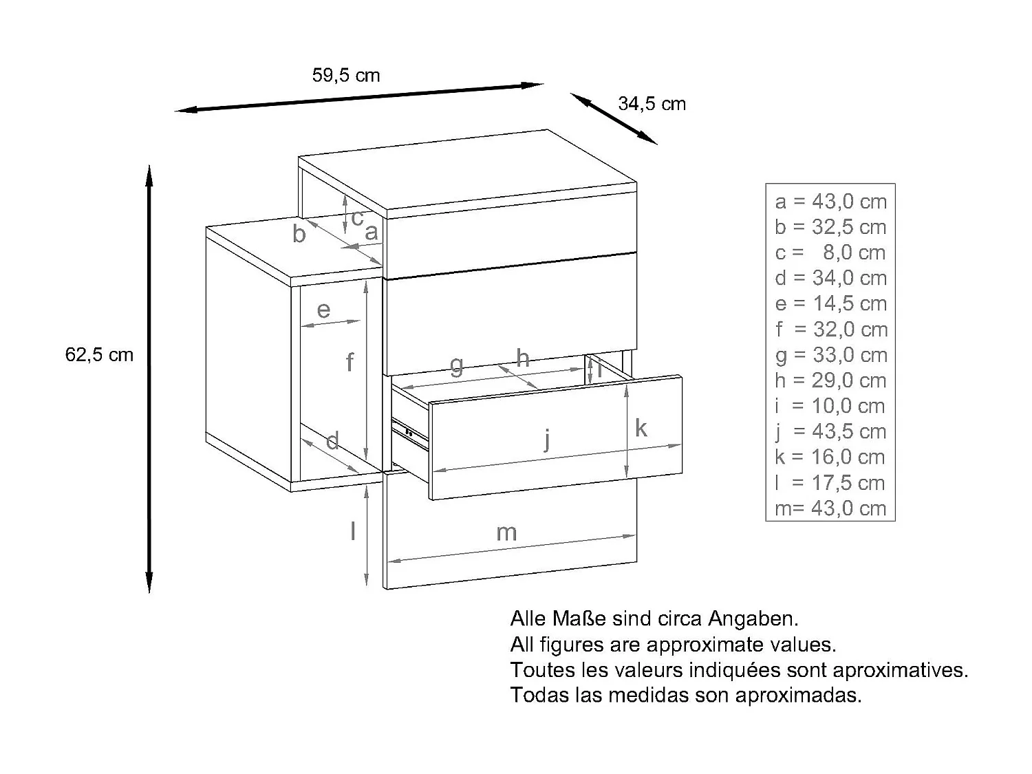 Table de chevet Queens, Table de nuit avec 2 tiroirs et 1 compartiment latéral à fixer au mur, Blanc mat/Aspect Béton Oxyde (60 x 63 x 36 cm)