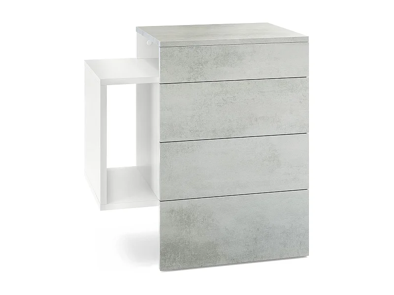 Table de chevet Queens, Table de nuit avec 2 tiroirs et 1 compartiment latéral à fixer au mur, Blanc mat/Aspect Béton Oxyde (60 x 63 x 36 cm)