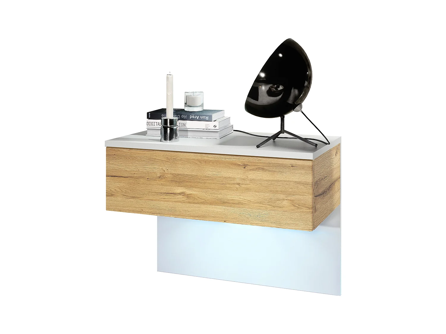 Table de chevet Sleep, Table de nuit à fixation murale avec tiroir, Blanc mat/Chêne Nature, éclairage LED inclus (60 x 46 x 35 cm)