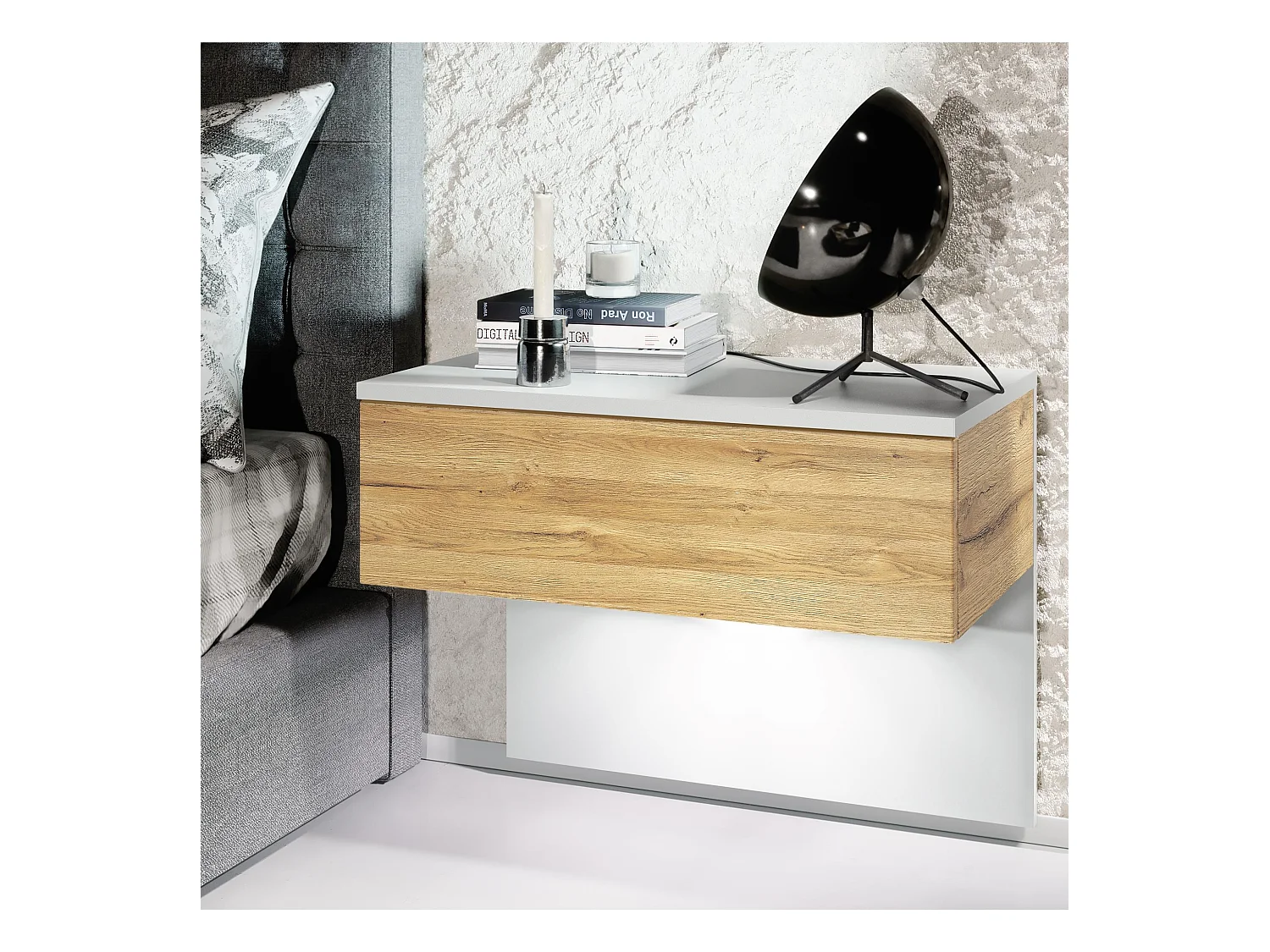 Table de chevet Sleep, Table de nuit à fixation murale avec tiroir, Blanc mat/Chêne Nature, éclairage LED inclus (60 x 46 x 35 cm)