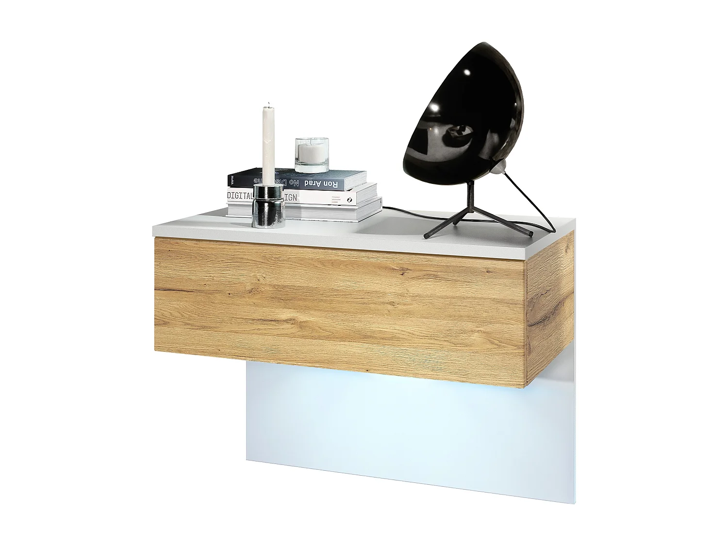 Table de chevet Sleep, Table de nuit à fixation murale avec tiroir, Blanc mat/Chêne Nature, éclairage LED inclus (60 x 46 x 35 cm)