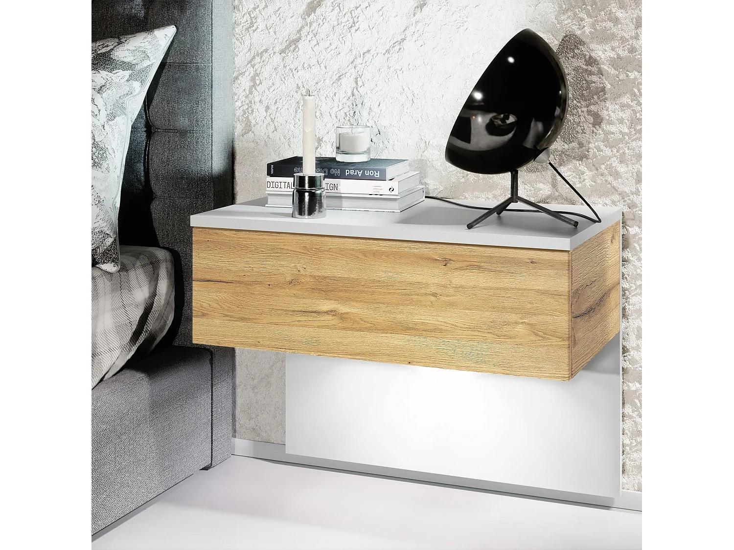 Table de chevet Sleep, Table de nuit à fixation murale avec tiroir, Blanc mat/Chêne Nature, éclairage LED inclus (60 x 46 x 35 cm)