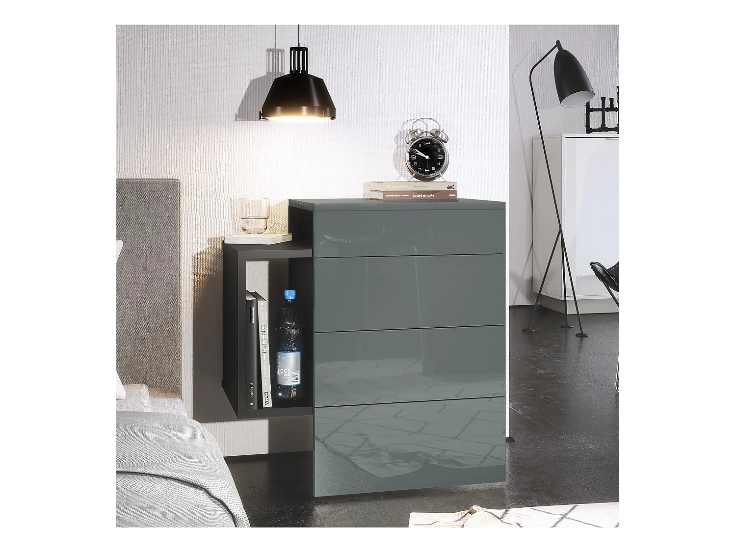 Table de chevet Queens, Table de nuit avec 2 tiroirs et 1 compartiment latéral à fixer au mur, Noir mat/Gris haute brillance (60 x 63 x 36 cm)